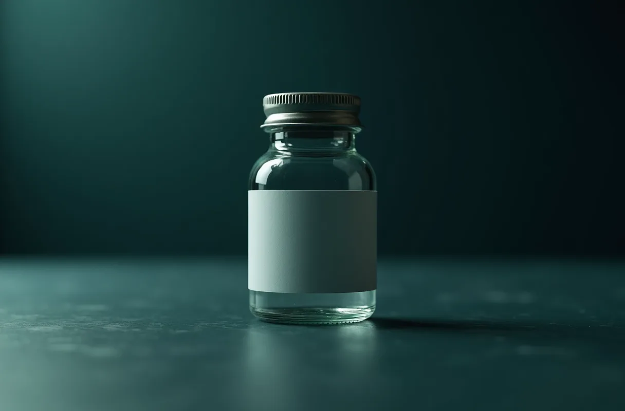 A vial label photographed close up on a pale laboratory bench