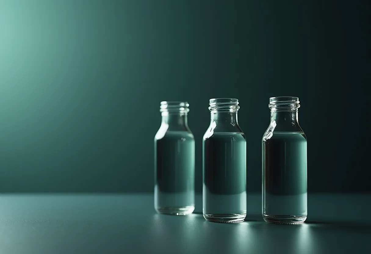 Three dark laboratory vials in a row under even cool light