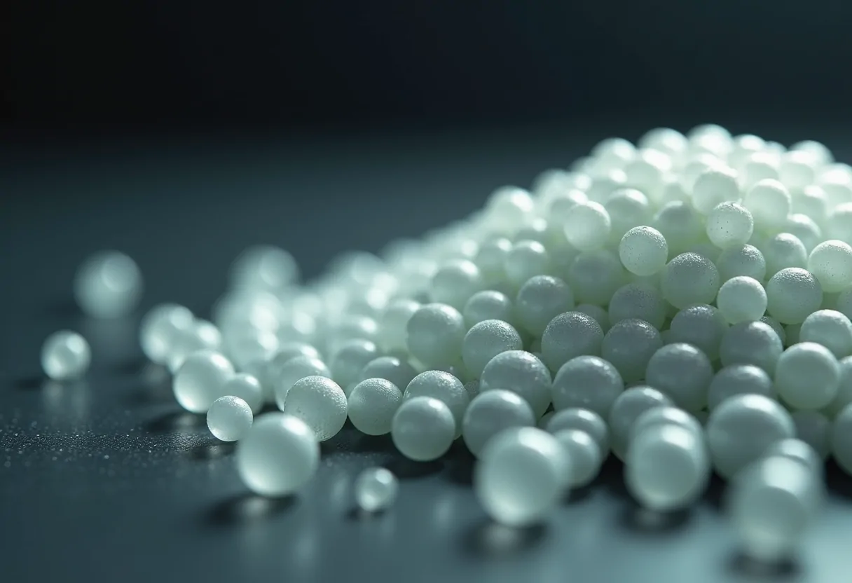 Synthesis resin beads magnified against a dark background