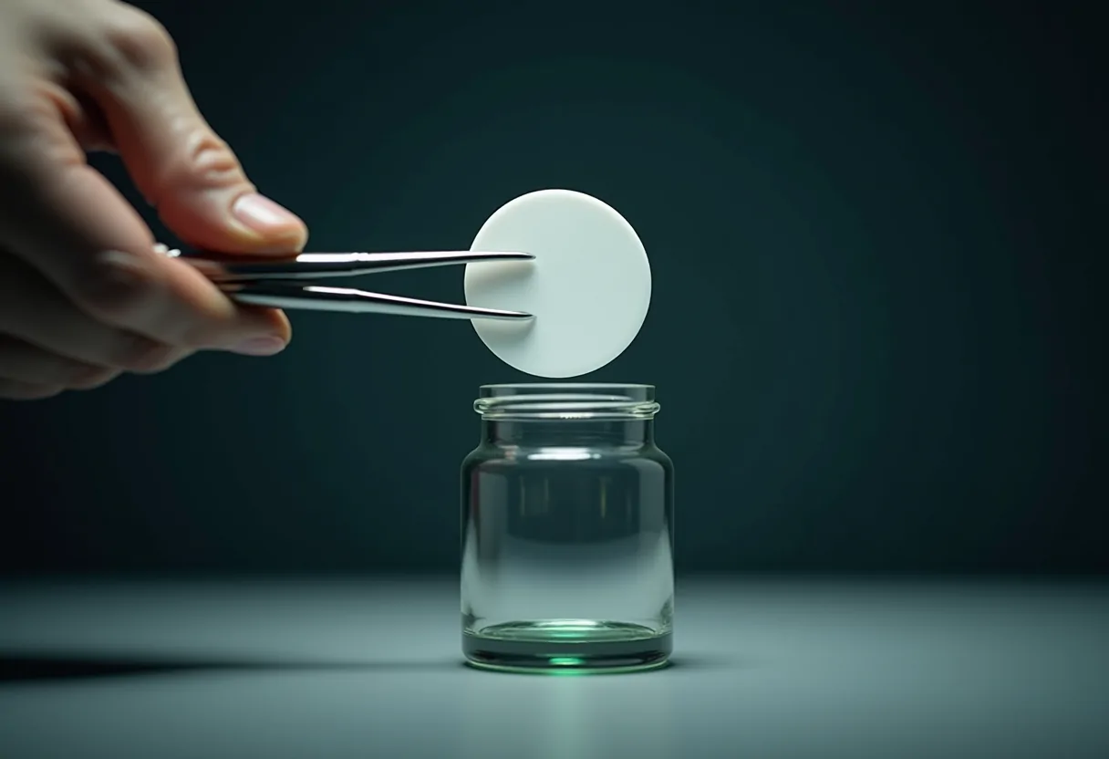 A membrane filter disc above a vial, lit against a dark field