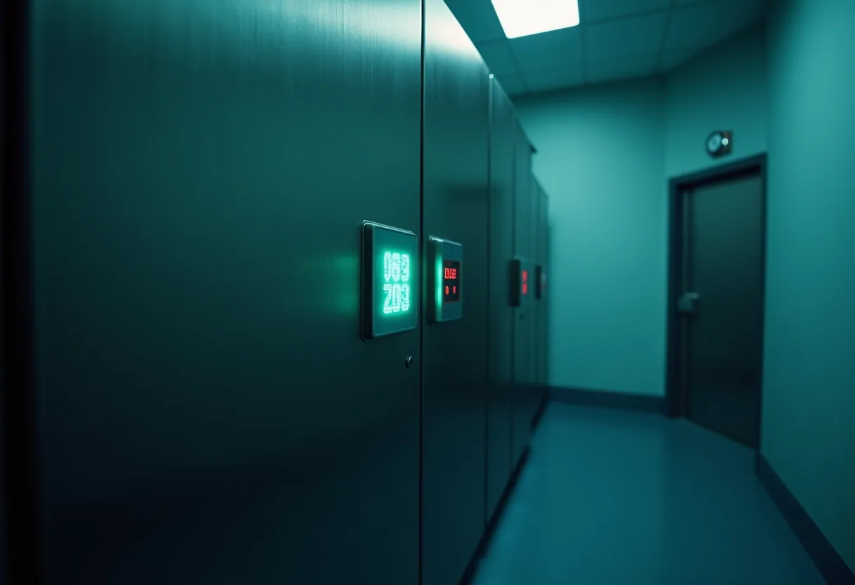 A laboratory freezer door with a glowing control panel