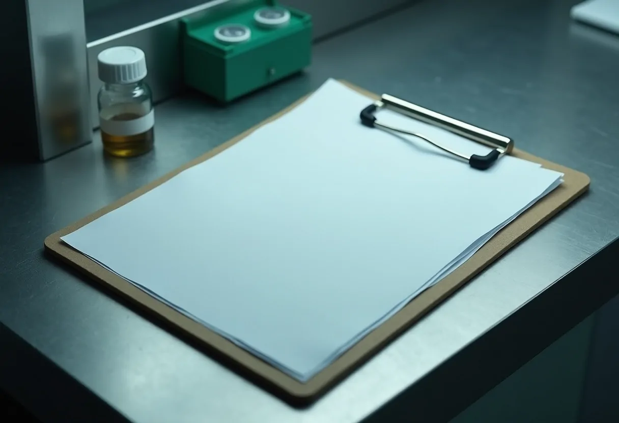 A clipboard holding a blank sheet beside a sample vial