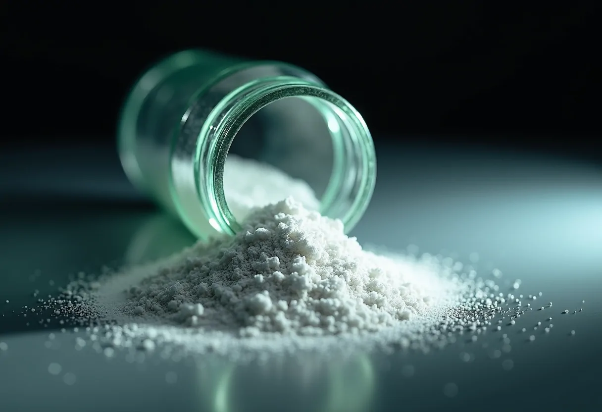 Fine white lyophilised powder in a sealed glass vial