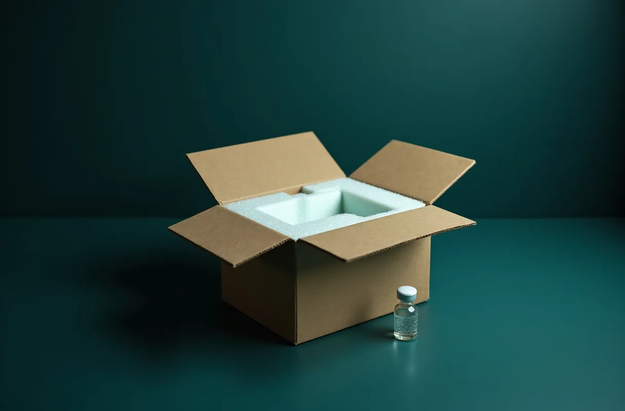 An opened shipping carton with insulated packaging on a receiving bench