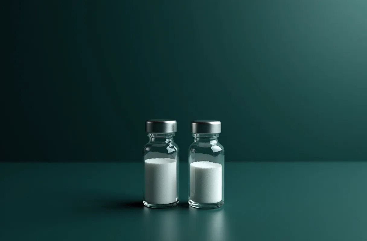 White lyophilised powder in a clear glass vial under cool light