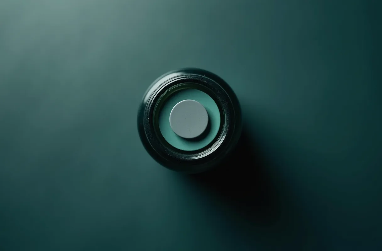 A close view of a sealed vial neck with a grey stopper and metal collar
