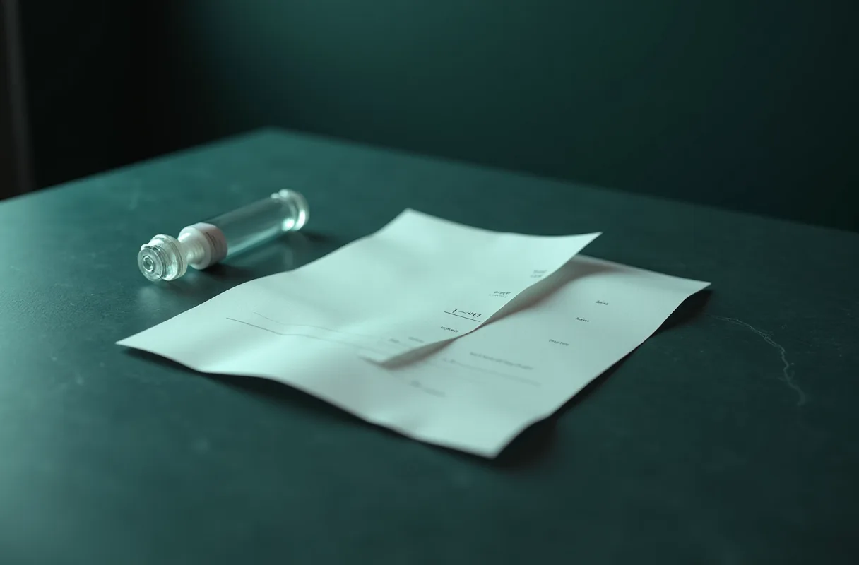 A folded laboratory report on a grey bench beside a sealed vial