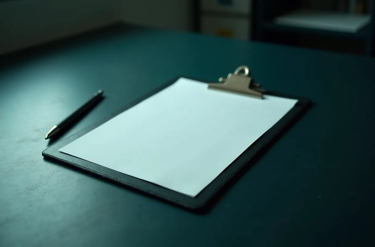 A clipboard with a blank form beside a pen on a pale desk