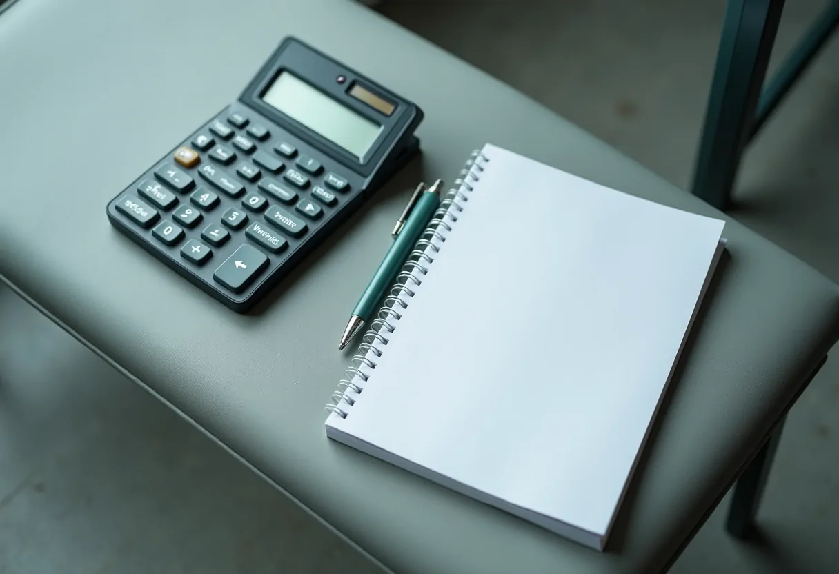 A calculator and a blank notepad on a plain bench