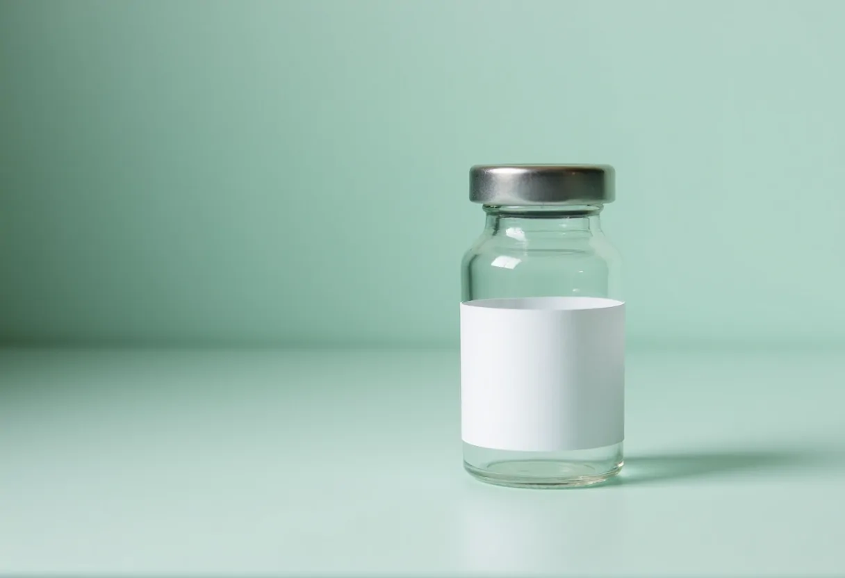 A glass vial carrying a blank white label