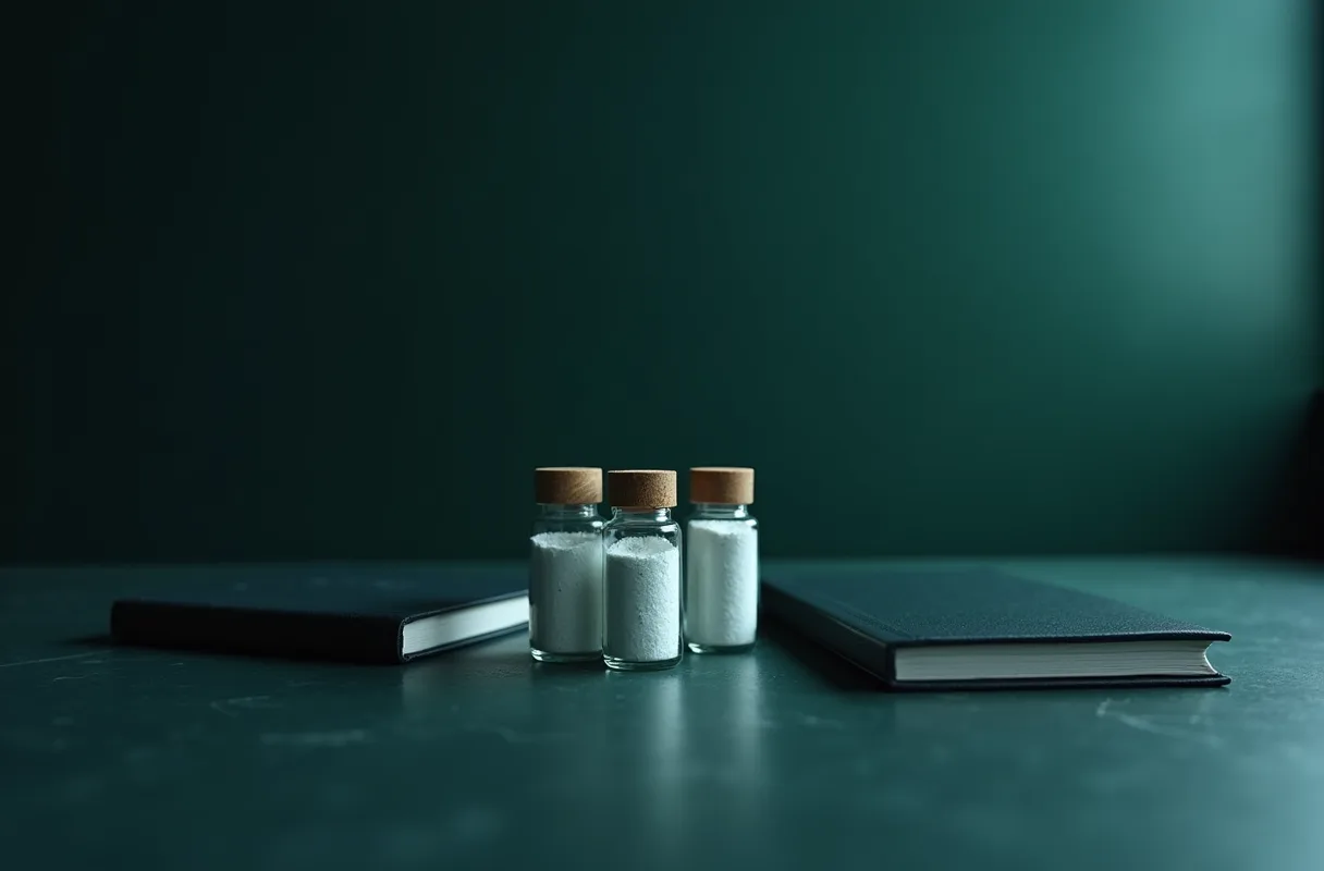 A laboratory bench with sealed vials and a closed notebook