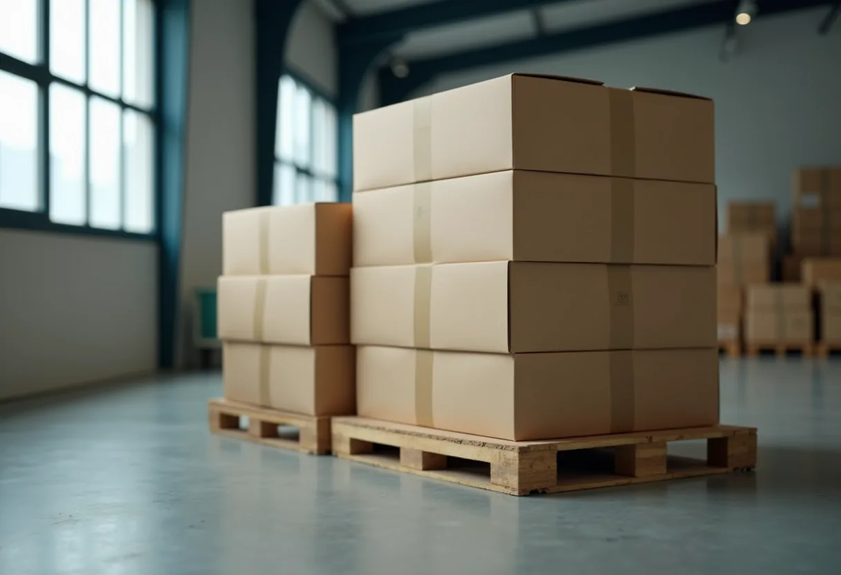 Plain sealed shipping cartons stacked on a pallet