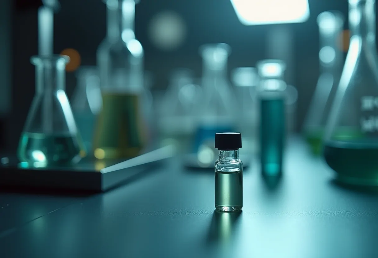 Analytical glassware on a bench with one vial in sharp focus