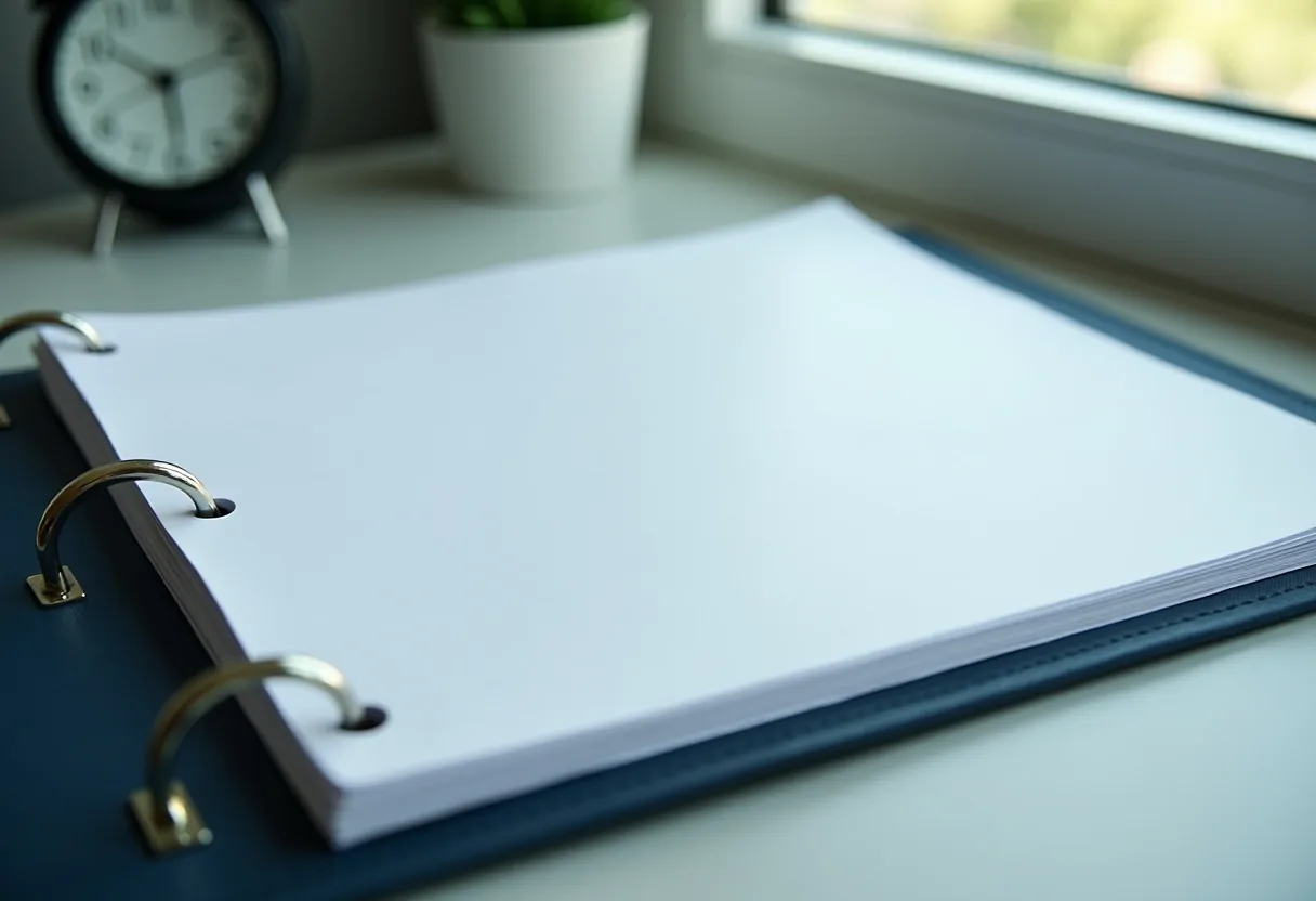 An open binder of blank printed pages on a clean desk